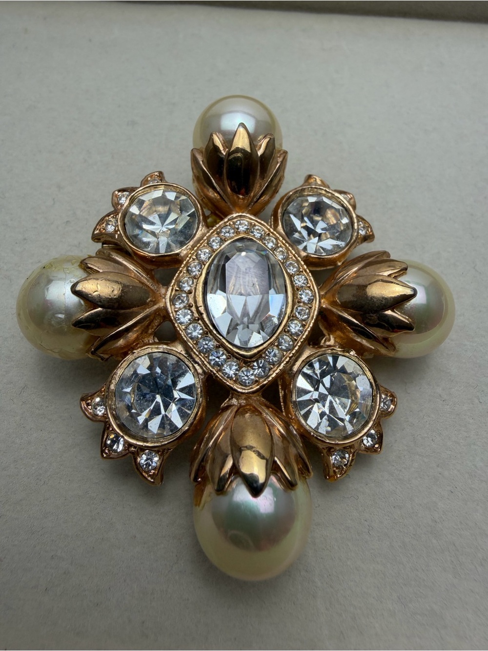 Vintage Gold-Tone Pearl & Crystal Cross Brooch